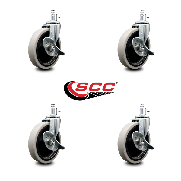 Service Caster 5 Inch Thermoplastic Wheel 7/8 Inch Grip Ring Stem Caster with Brakes, 4PK SCC-GR05S510-TPRS-SLB-71678-4